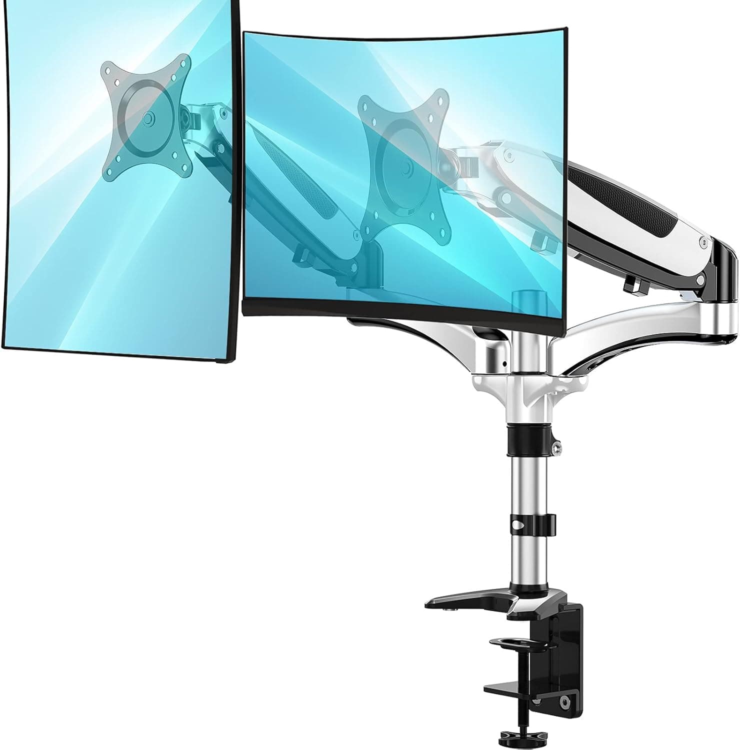 HUANUO Dual Monitor Stand - Height Adjustable Monitor Mount Fits Two 13 to 27 Inch Flat, Curved Computer Screen, Double Gas Spring Arm Desk VESA Bracket with Clamp, Grommet Mounting Base