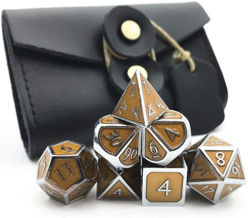 Momostar Metal Polyhedral Dice Set, Delicate Leatherette Box & Cleaning Cloth. Great for RPG, D&D. - Chrome Color & Orange Background.