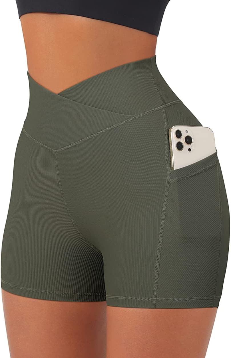 OMKAGI Women Cross Waist Workout Shorts with Pocket 3 Seamless High Waisted Shorts(M 994-Green 3inch)