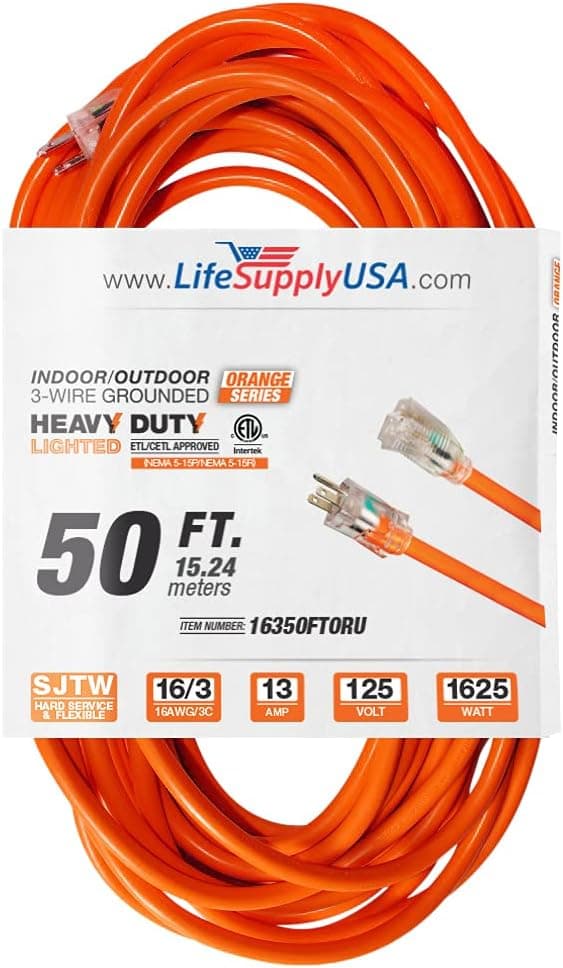 50 ft Power Extension Cord Outdoor & Indoor Heavy Duty 16 Gauge/3 Prong SJTW (Orange) Lighted end Extra Durability 13 AMP 125 Volts 1625 Watts ETL Listed by LifeSupplyUSA