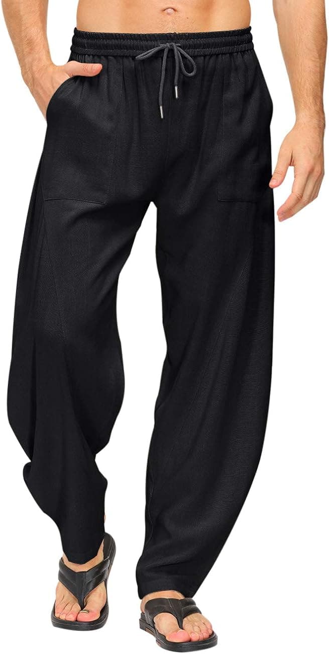 Poriff Men Cotton Linen Pants Wide Leg Baggy Lounge Pajama Jogger Yoga Pants