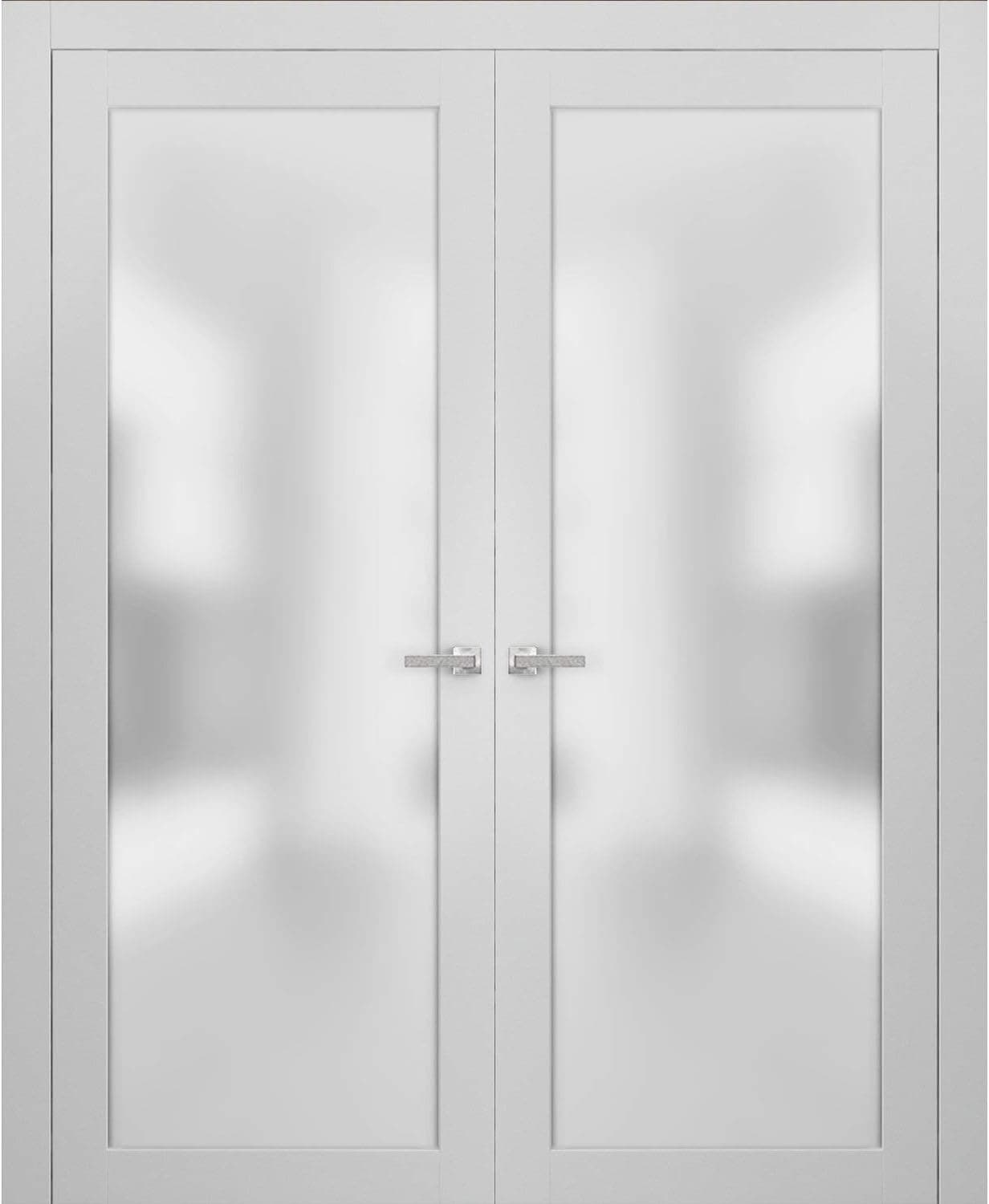 Solid French Double Doors 60 x 80 inches Frosted Glass | Planum 2102 White Silk | Wood Solid Panel Frame Trims | Closet Bedroom Sturdy Doors