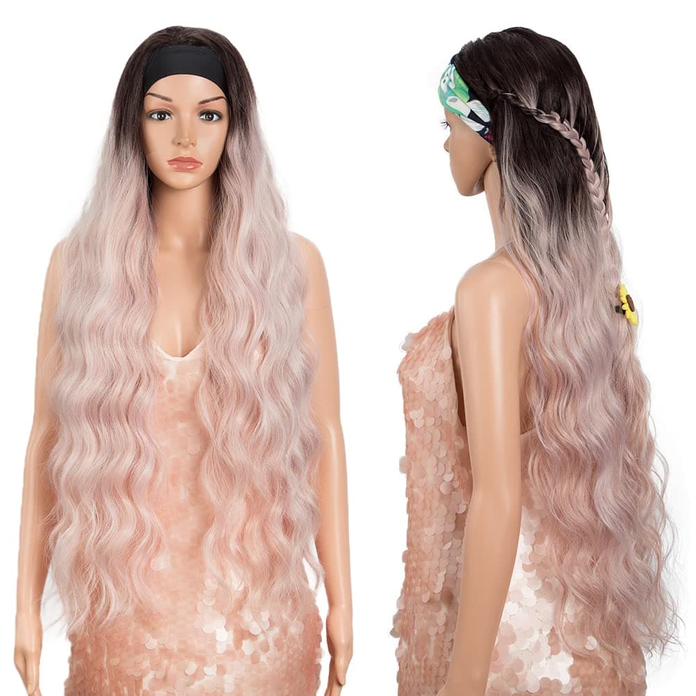 Style Icon Ice Silk Headband Wig 39" Super Long Wavy Wig Machine Made Glueless Ombre Pink Wig for Women (39 Inches Hair Length (Adjustable Headband), TT4/AMBRS)