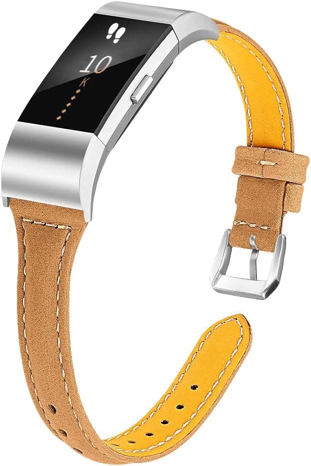 JOYOZY Leather Band Compatible with Fitbit Charge 2 Replacement Bands,Slim Classic Genuine Leather Wristband Fitness Strap Women Men(Light Brown with Silver Buckle)