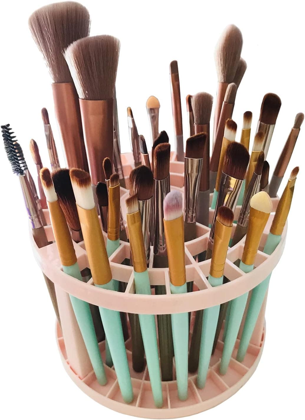 KaiLife Makeup & Artist Paint Brush Holder 49 Hole Plastic Desk Stand Holding Rack for Pens, Pencils, Eyeliner, Cosmetic Brushes Crate Storage Organizer Pink