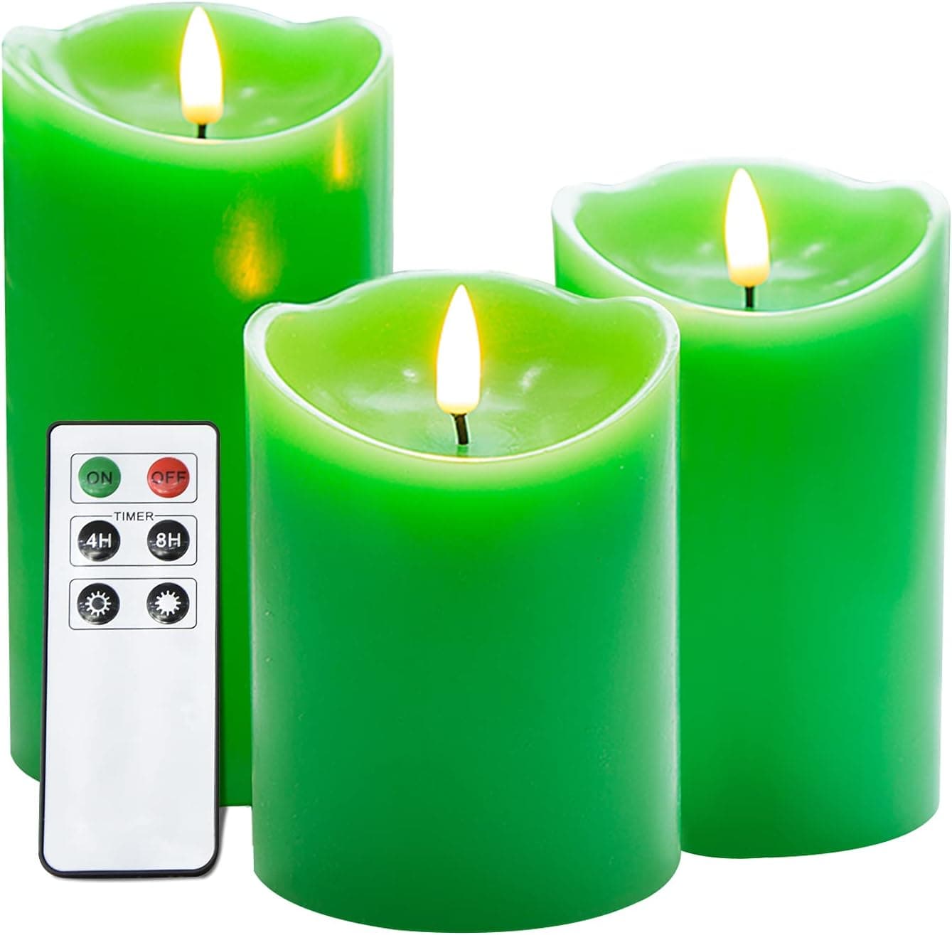 Eywamage Green Flameless Pillar Candles with Remote, Flickering LED Candles Battery Operated Christmas Decoration