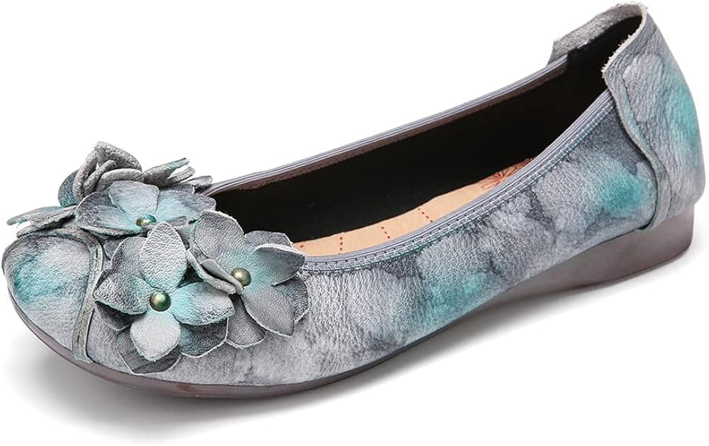 Socofy Leather Women's Flats Purple Blue Flats Women's Floral Stretch Slip-On Walking Shoes Women's Flats Comfortable Elegant Comfort Flats Women's Flat Sneakers Casual Shoes