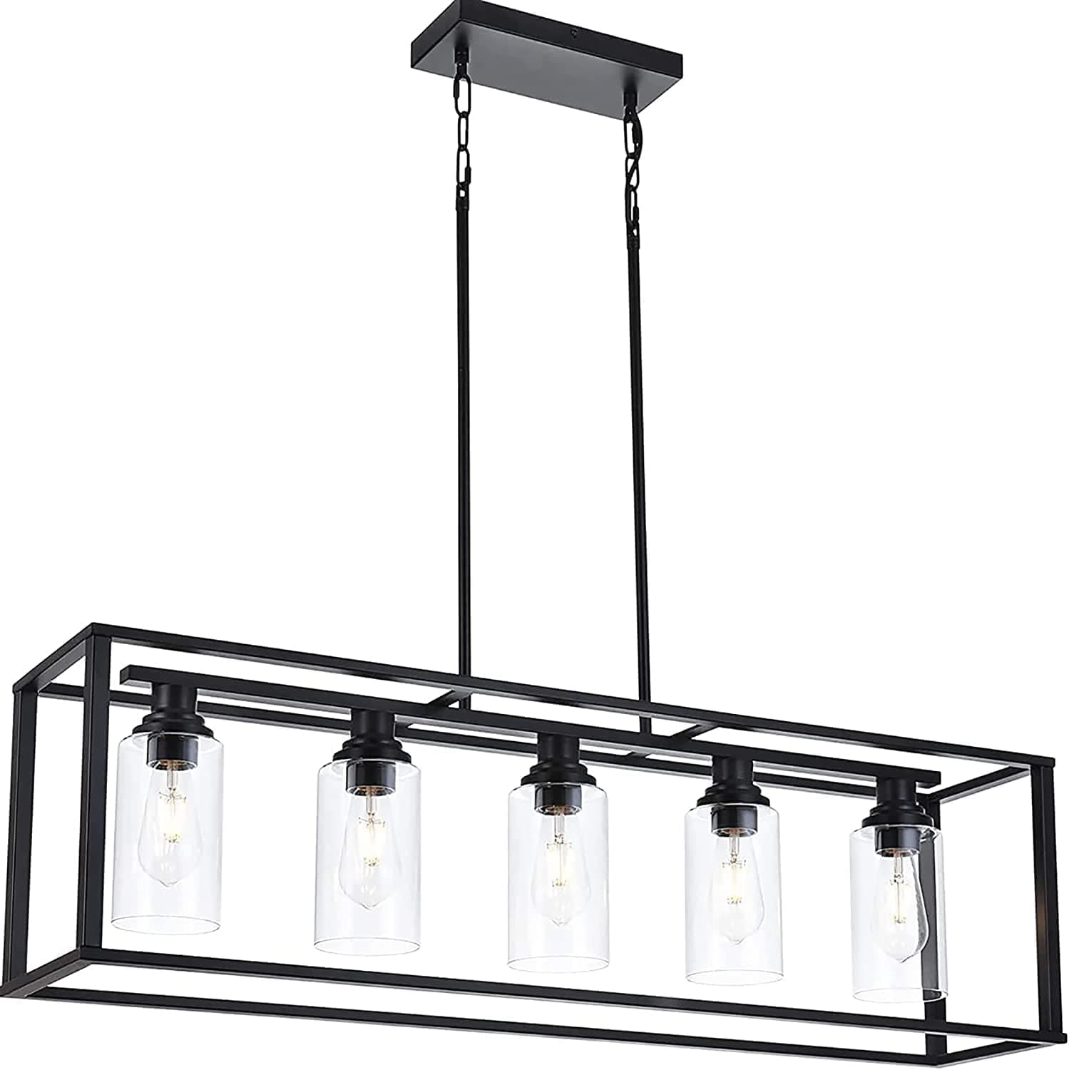 Luburs 5-Light Dining Room Light Fixture 41" Black Kitchen Island Lighting Farmhouse Rectangle Chandelier for Dining Room Pendant Light Fixtures Hanging Over Table with Clear Glass Shade