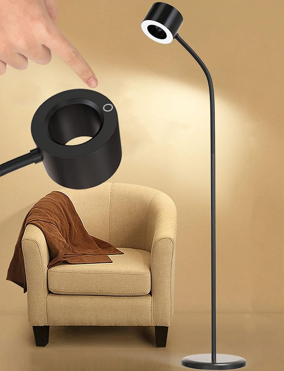 LED Bright Floor Reading Lamp 12W, 3-in-1 Floor Lamp with Touch Control 3 Colors & Stepless Dimming Floor Standing Lamp, Flexible Neck Adjustable Height Floor Desk Lamp for Living Room Office Craft