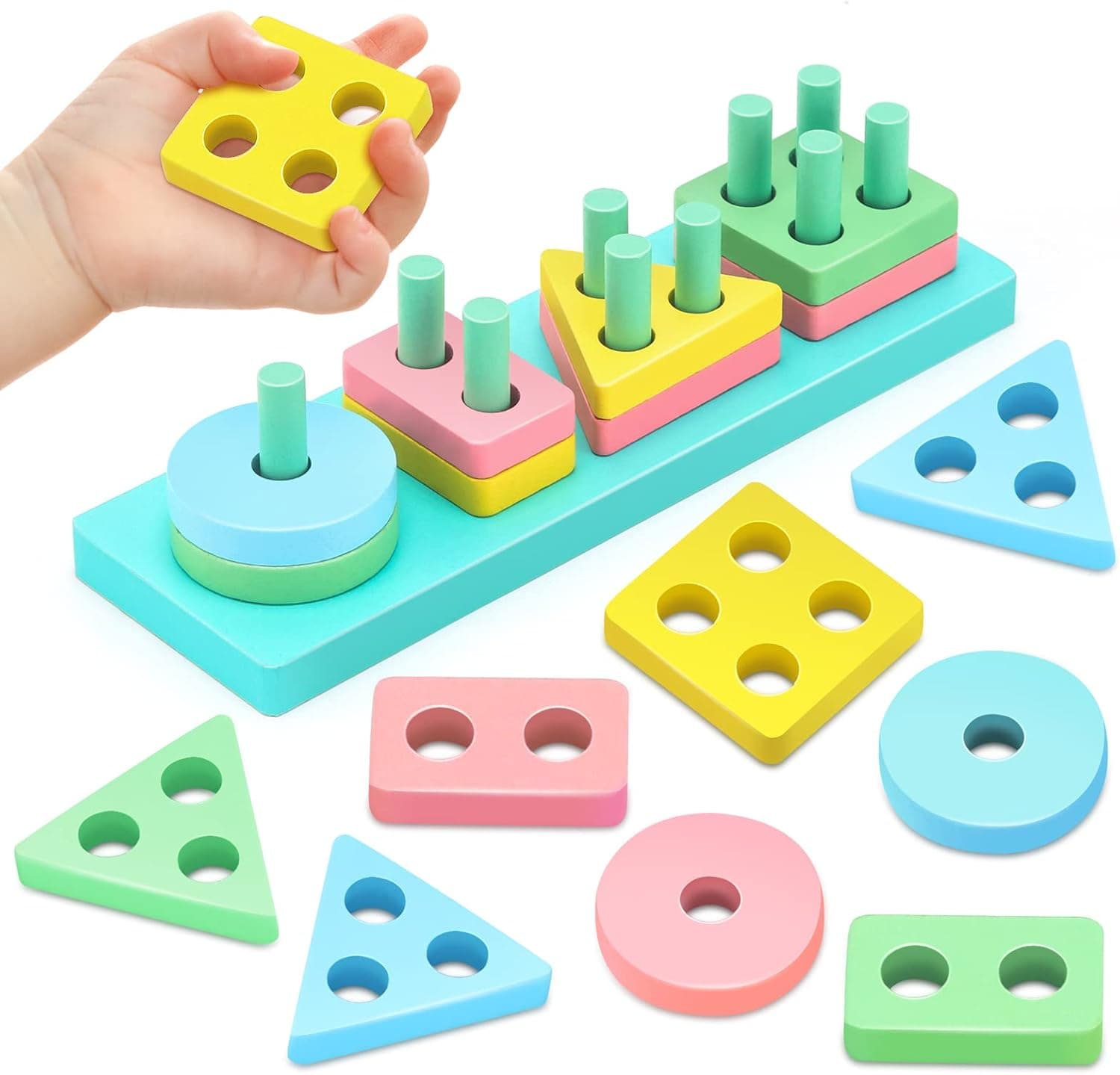 LinseyFun Wooden Stacking Sorting Toys for Toddlers 1-3, Wood Baby Stacking Blocks, Montessori Toys for 1 2 Year Old Boys Girls
