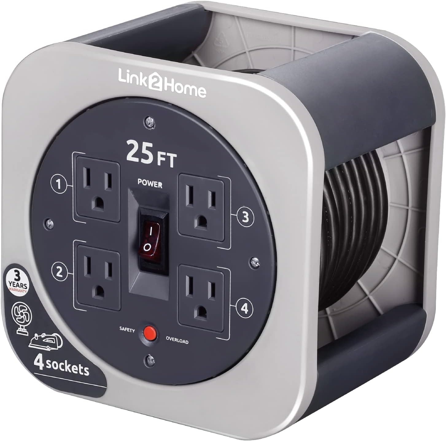 Link2Home 25 Ft.Heavy Duty Retractable Extension Cord Reel With 4 Outlets & 16AWG 3-Prong SJT Cord (Grey)