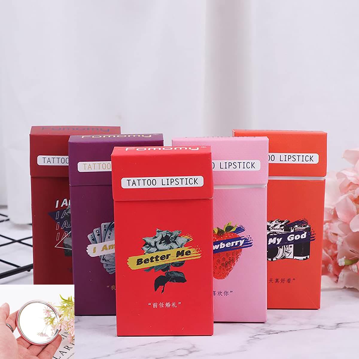 MatoNaturals 20 Pcs Box Tattoo Lipstick Cigarette Cotton Swab, Disposable Portable Lasting Lip Gloss Lipstick, Durable Waterproof Liquid Non-Stick Tint Stick for Girl Women(Classic-5PCS)