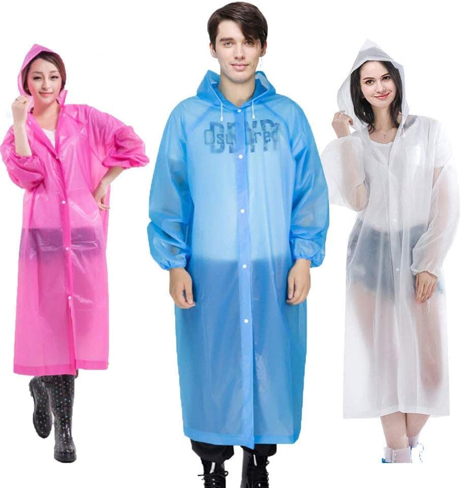 Cleycye Rain Ponchos,EVA Reusable Rain Coat Jacket with Drawstring Hood （3PCS）Emergency Waterproof Rain Ponchos Family Pack for Adults,Fit Men and Women, Perfect for Concerts, Amusement Parks, Camping