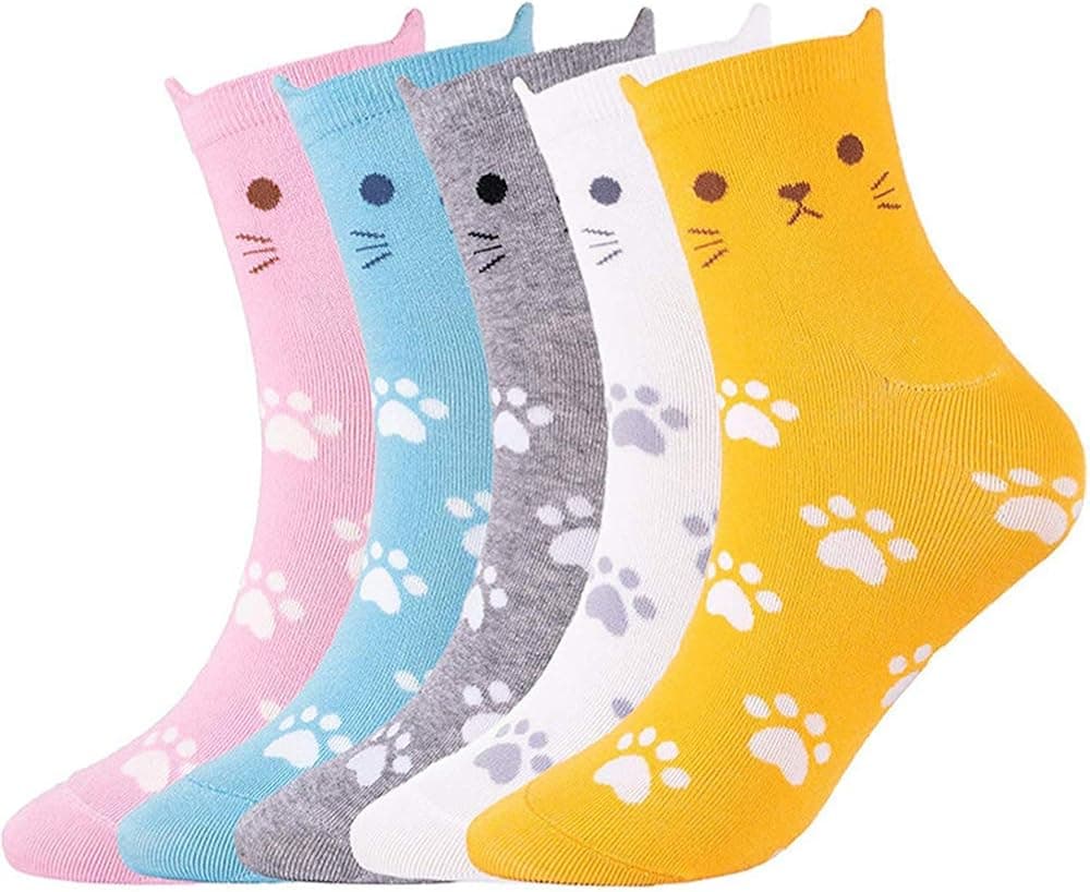 Women's Socks Animal Print Novelty Funny Cat Cartoon Casual Socks Girls Gift mid calf Size 6-9, 5 Pairs