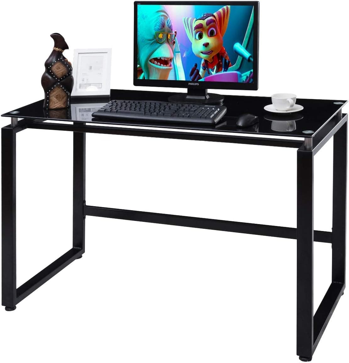Tangkula Computer Desk, Glass Top Writing Study Table, Modern Home Office Workstation with Spacious Glass Top Work Surface Laptop PC Desk Portable Study Writing Table (Black Frame and Glass)