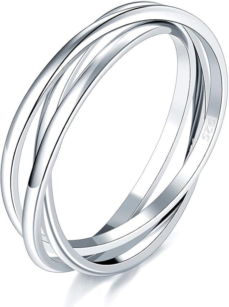 BORUO 925 Sterling Silver Ring Triple Row Rolling Interlocking Silver Rings High Polish Rings for Women, Men Each Band Width 1.8mm Size 4-12