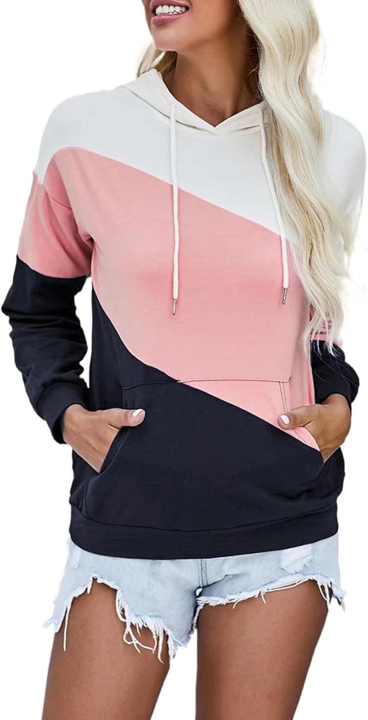 BLENCOT Women's Plus Size Winter Color Block Hoodies Soft Warm Clothes Fashion Pullover Sweatshirts Hooded Shirt Blouses Pink XXL
