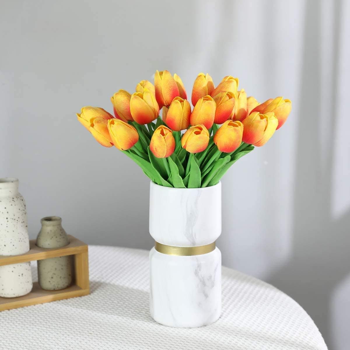 W-family 12 Pcs PU Artificial Tulips Flowers Real Touch Tulips Wedding Flower Simulation Latex Tulip Flower for Proposal Party Home Hotel Event Decoration (Yellow)