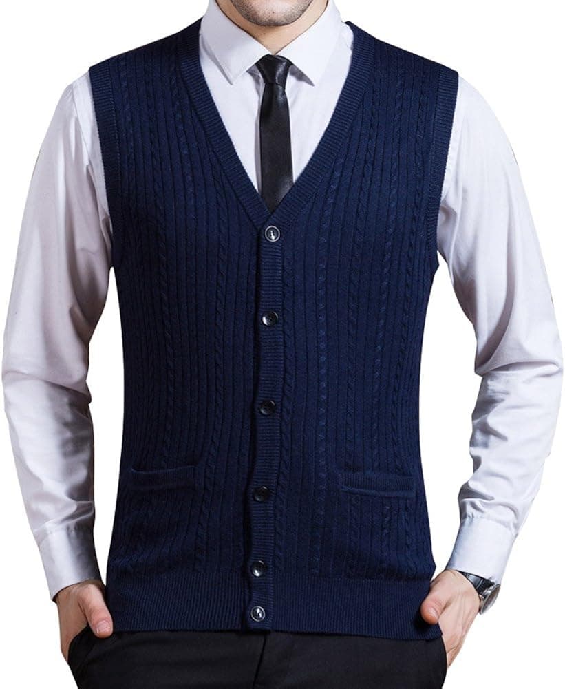 Zicac Men's Business Solid Button Knitwear Sweater Vest Sleeveless Knitted Waistcoat (XL, Blue)