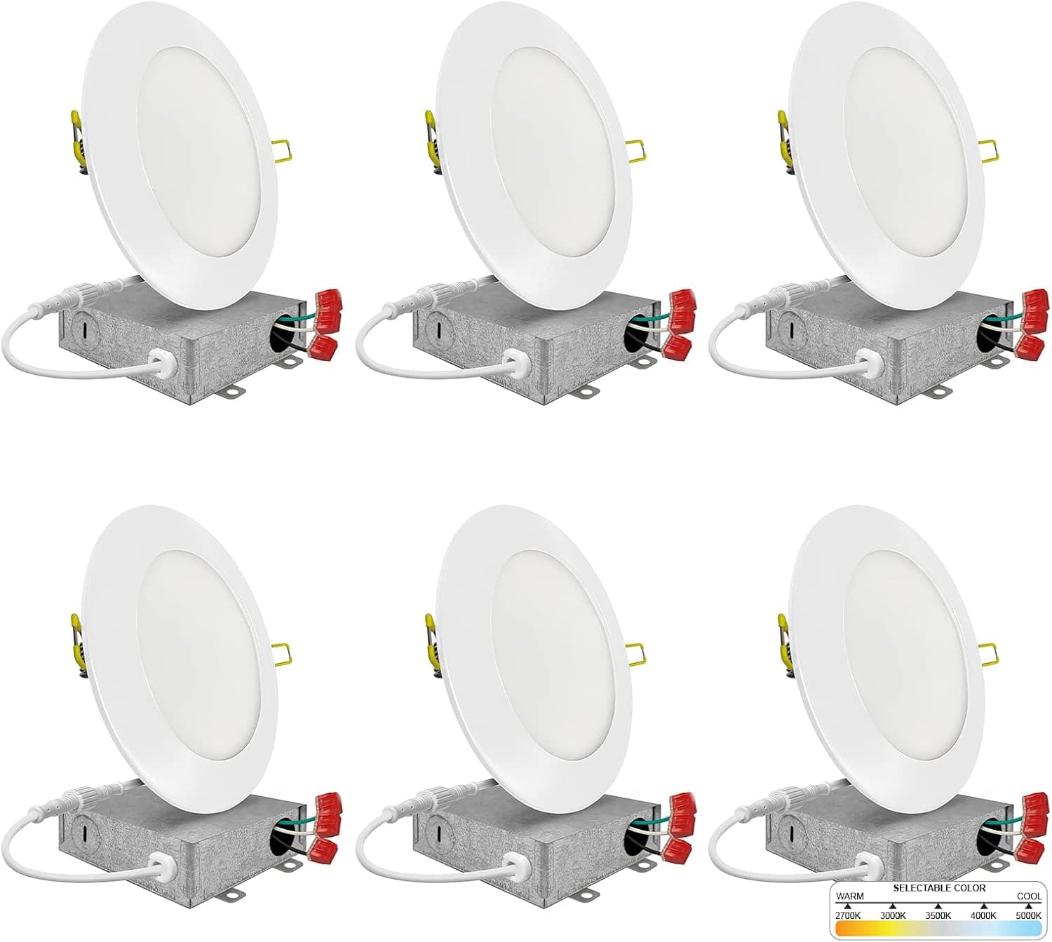 NUWATT | 6 Pack | 6 Inch Ultra-Thin LED Recessed Lighting, Selectable 2700K/3000K/3500K/4000K/5000K, High Brightness 1050 Lumens, Dimmable, IC Rated, White Trim Canless Slim Wafer Light, Metal J-Box