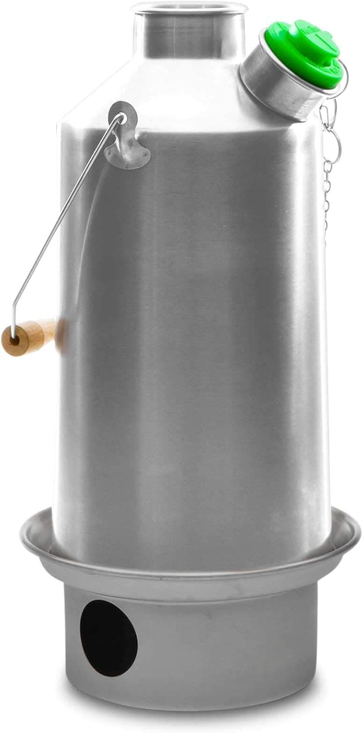 Base Camp 54 Ounce Stainless Steel Kelly Kettle (1.6 Ltr) Rocket Stove Boils Water Ultra Fast with Sticks/Twigs. Enables you to Rehydrate Food or Cook a Meal. For Camping, Fishing, Emergency
