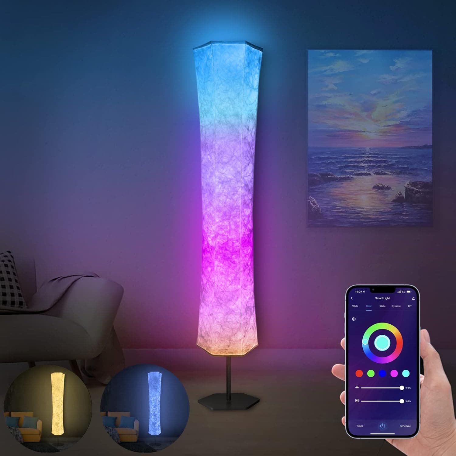 AMERCOT Floor Lamp,RGB Color Changing Led Lamp,Smart Lamp,Alexa APP Light Control,59" Modern Lamp with Remote,Music Mode,Dimmable Standing Lamp for Living Room Bedroom Game Room