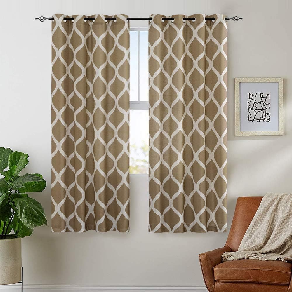 Lazzzy Linen Curtains Ogee Print Curtain Drapes for Bedroom Living Room 63 Inch Length Light Filtering Modern Lattice Window Treatment Set of 2 Panels Grommet Top Taupe