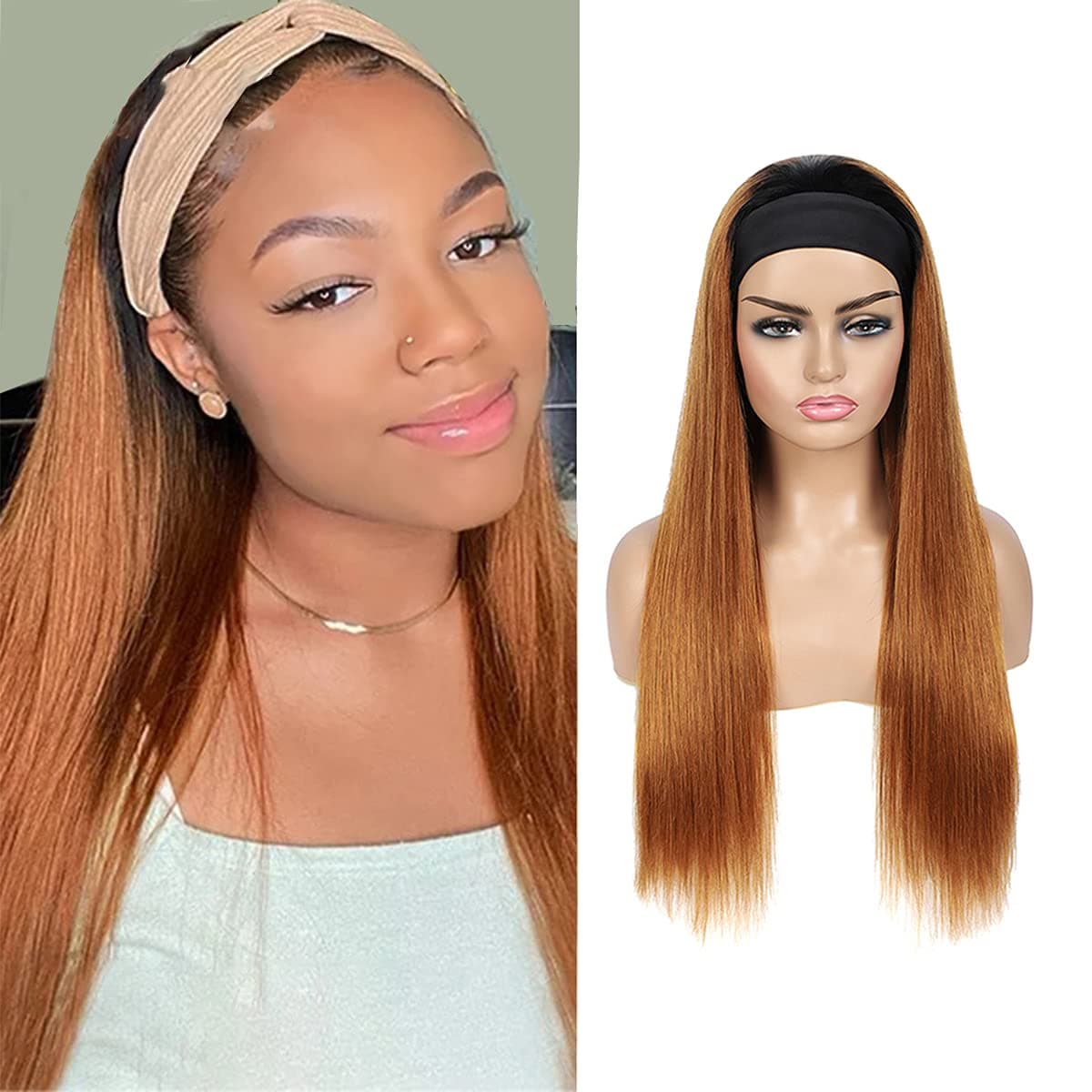 Feelgrace Straight Headband Wig Ombre 2 Tone 1B 30 Straight Human Hair Headband Wigs 150% Density Straight None Lace Front Wigs (14 Inch)