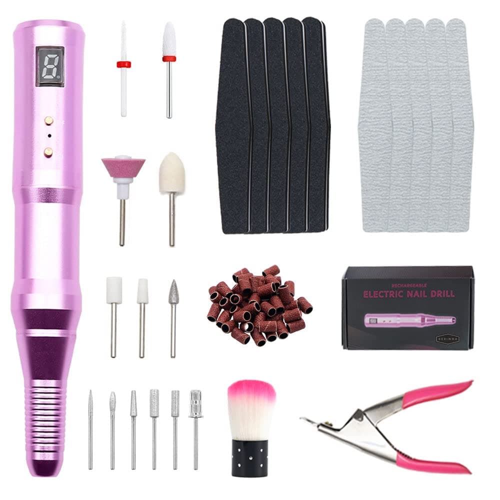 GERIMMA Electric Nail Drill Professional 6 Gears Electric Nail File,Portable Electric Grinding Machine, 56pcs Sanding Bands Portable Nail File Kit, 11pcs Nail Drill Bits Efile for Acrylic Nail, Pink