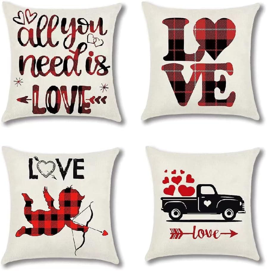 Rumkim Valentines Day Throw Pillow Covers 18x18 Pink Paris Lovers Valentines Decor Pillowcase for Bench Sofa Porch Patio Valentines Decoration, 4 Pack