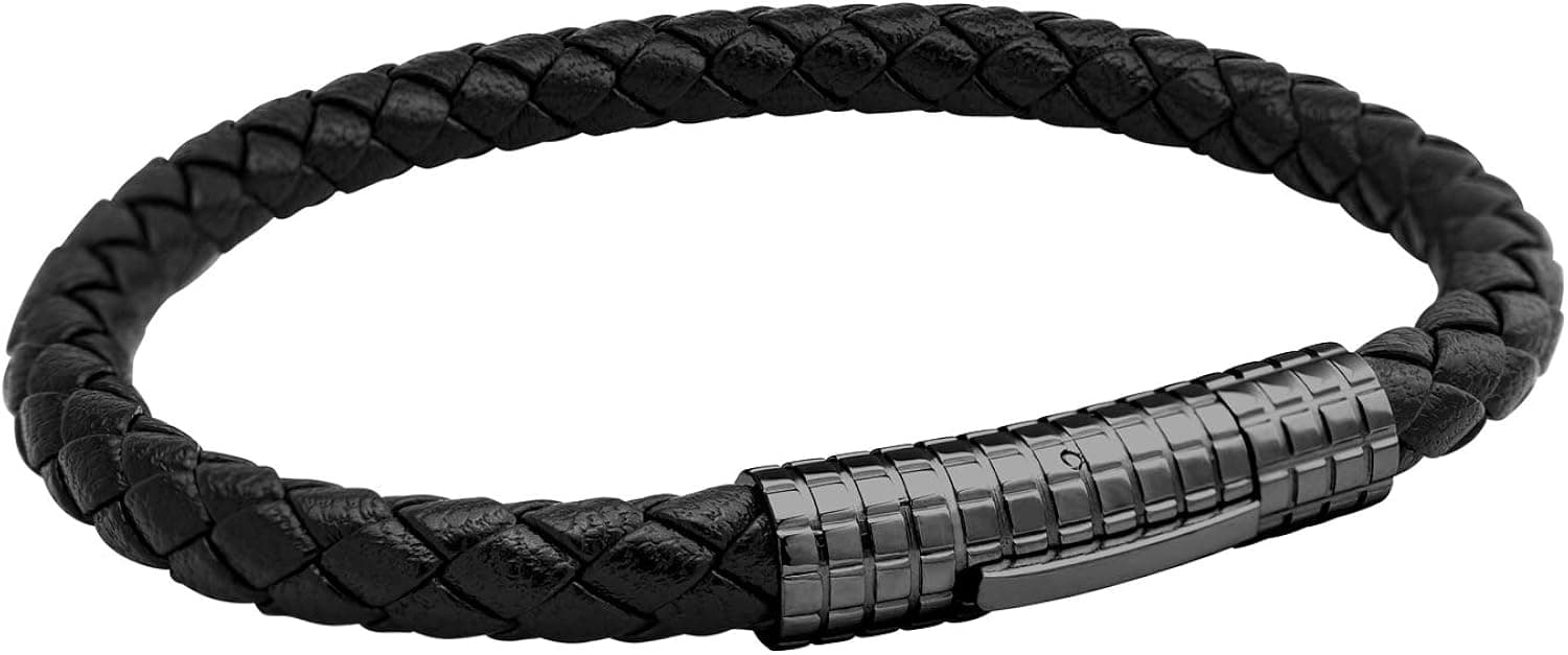 555Jewelry Stainless Steel Ribbed Clasp Braided Black Leather Bracelet for Men