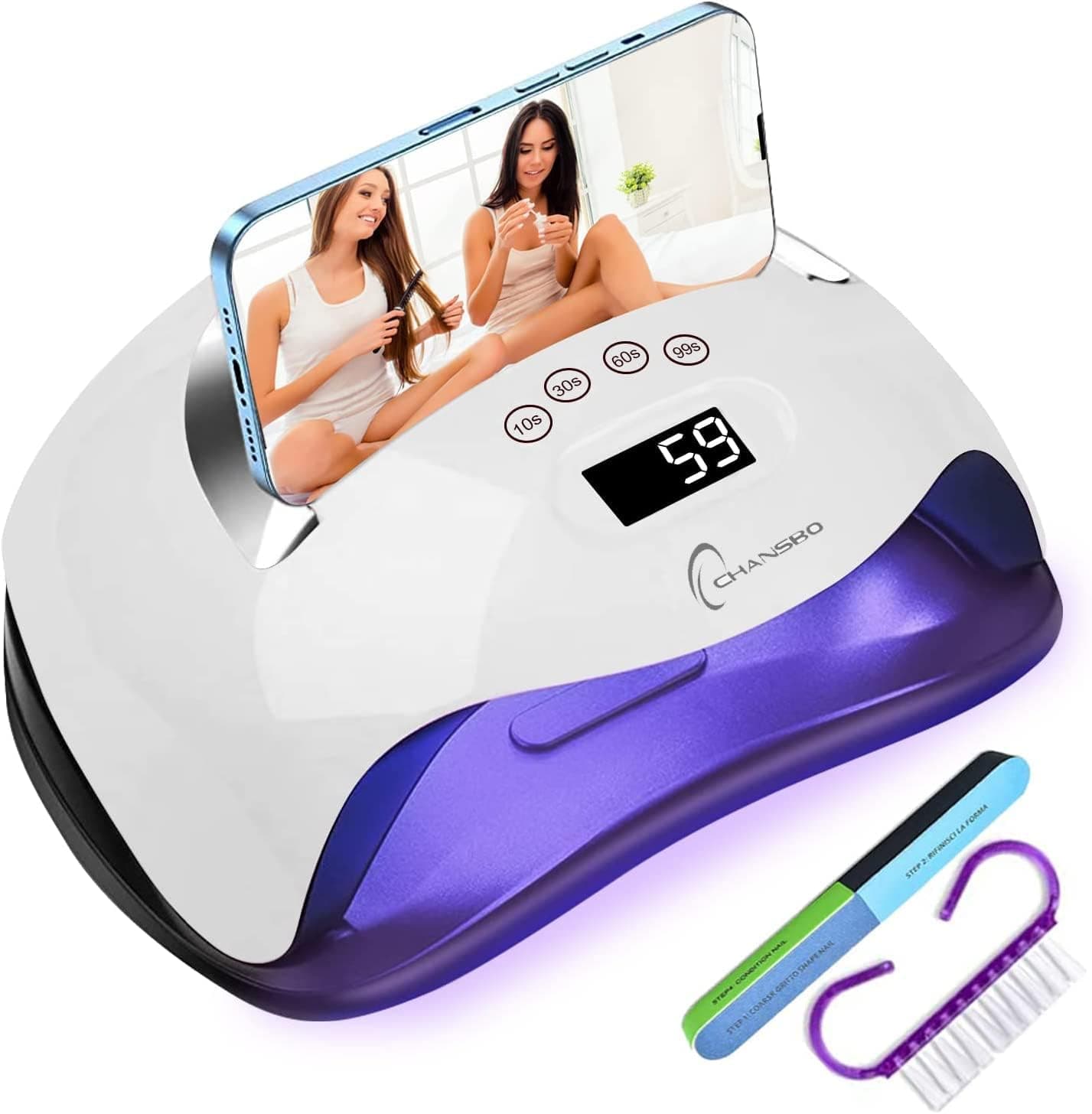 CHANSBO UV LED Nail Lamp 168W,LED Lamp for Gel Nails Fast Curing Nail Dryer with 36 Lamp Beads 4 Timers Automatic Sensor Phone Holder,Gel UV Light for Manicure Salon(with Nail File&Nail Brush)White