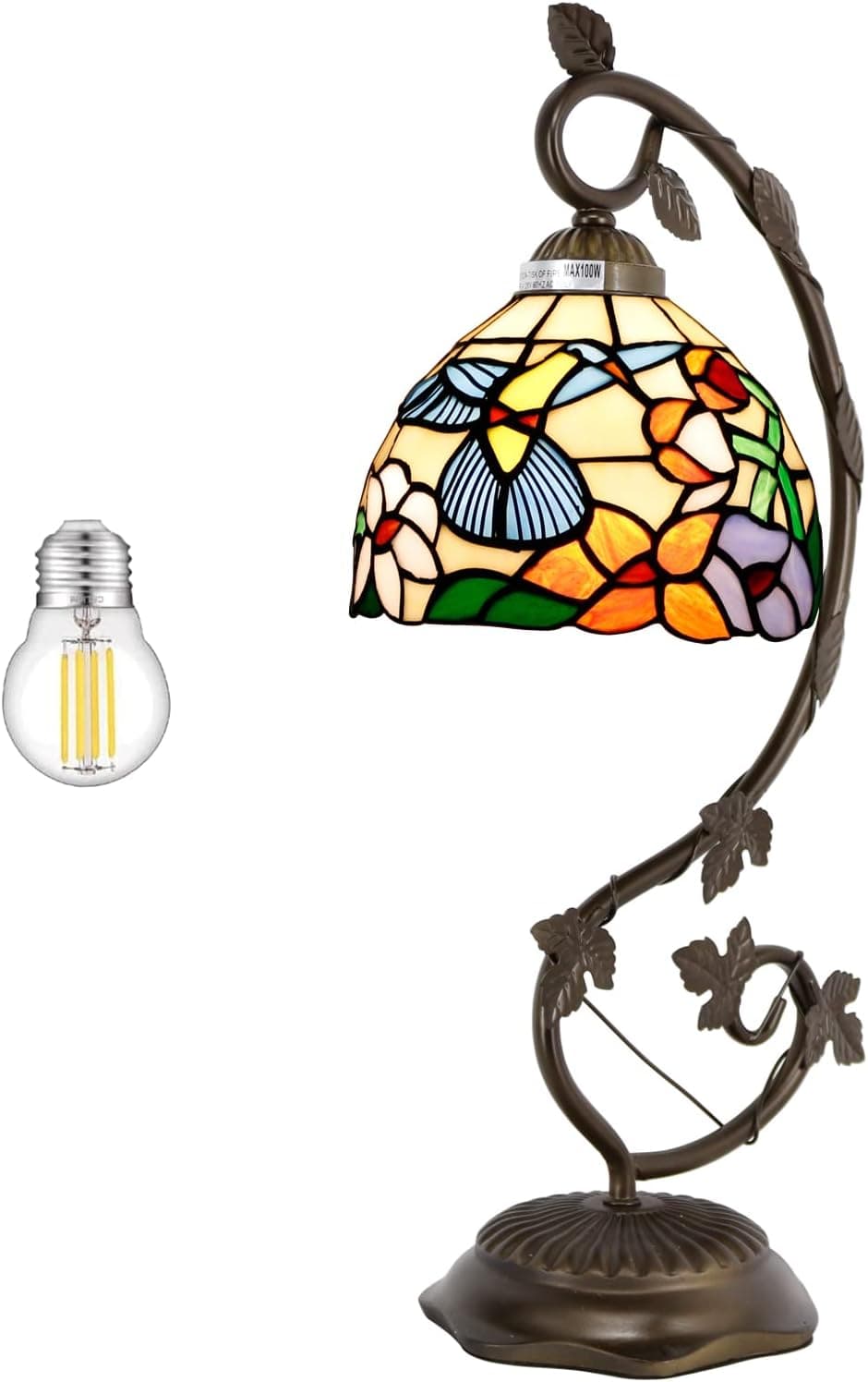 WERFACTORY Tiffany Lamp -Stained Glass Hummingbird Table Lamp, Metal Leaf Base 8X10X21 Inches Banker Desk Light Decor Small Space Bedroom Home Office S101 Series