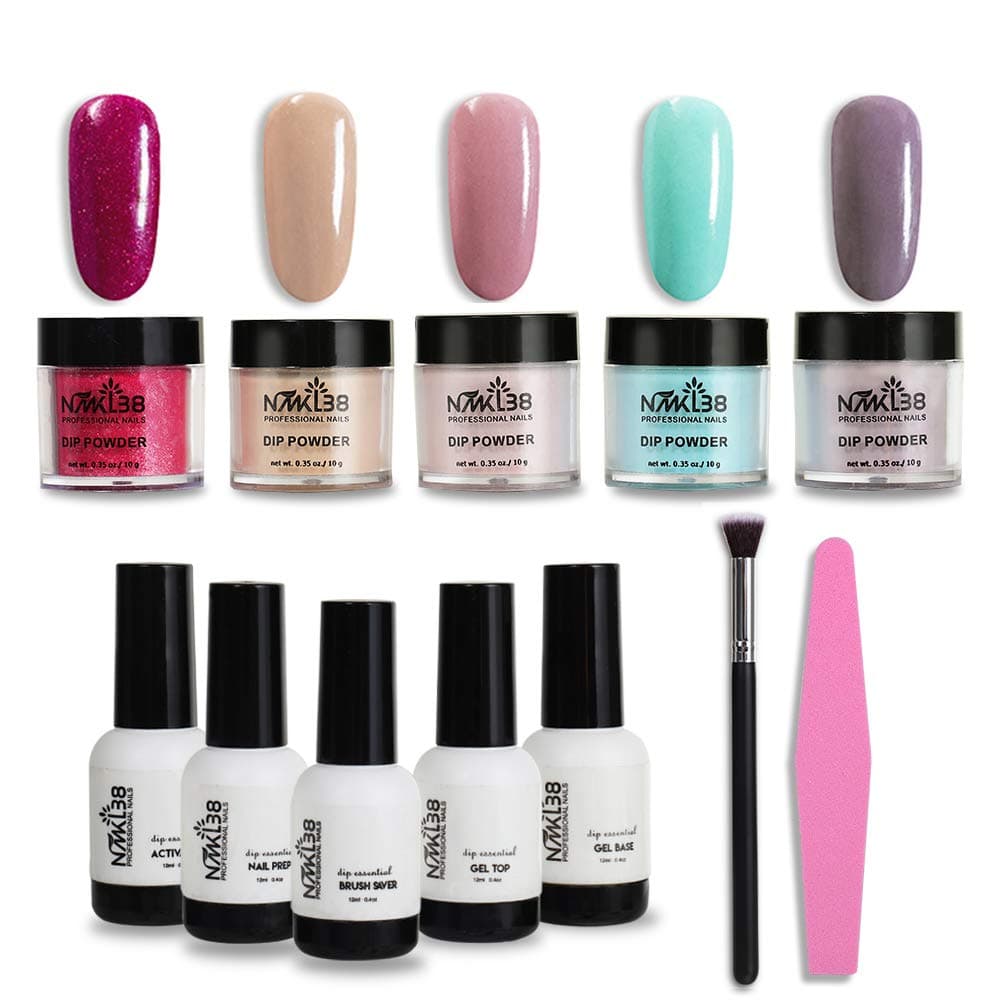 NMKL38 Dipping Nail Powder Nail Starter Kit NO UV/LED Diy Acrylic Nail Art Set (Base, Activator, Top, Nail Prep,Brush Saver, Brush, Nail Files)