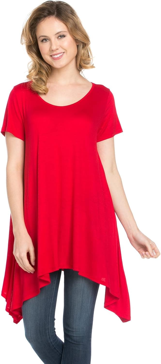 Frumos Womens Short Sleeve Comfy Loose Fit Handkerchief Hem Tunic Top
