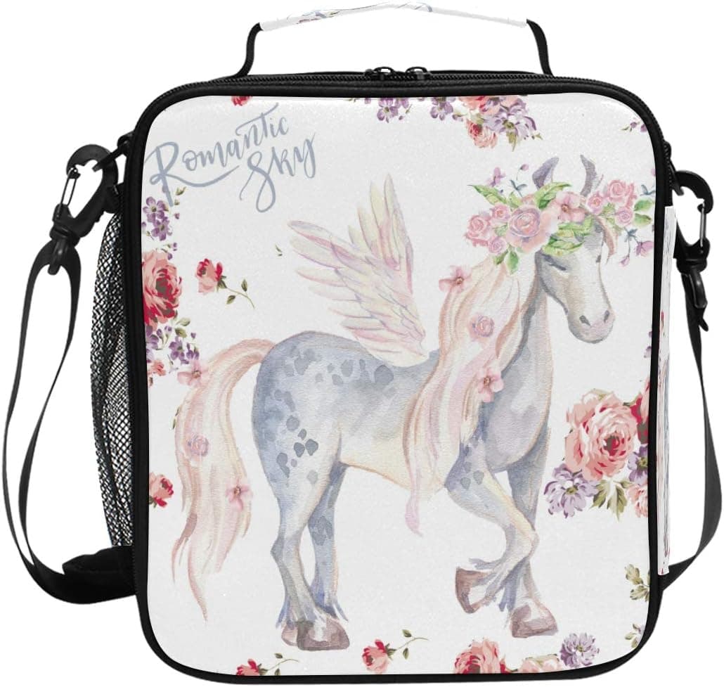ZOEO Girls Horse Lunch Box Cream Floral Horse Rose Romantic Prep Kids Cooler Insulated Lunch Bag Tote Freezable Shoulder Strap Waterproof Picnic Meal for School Office