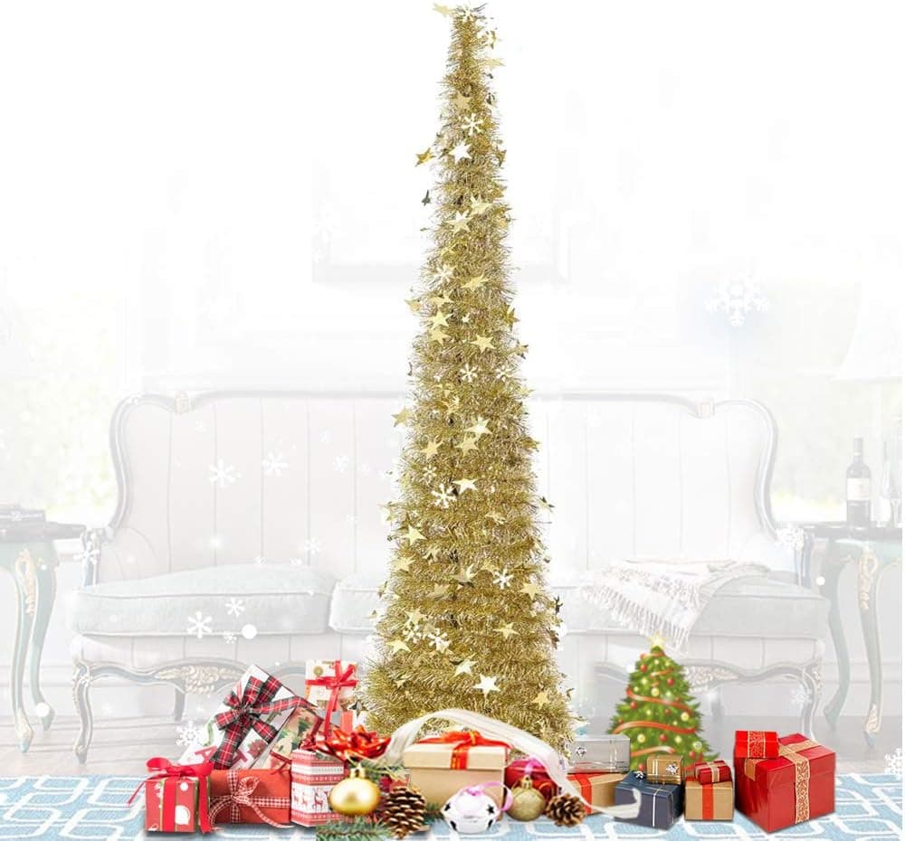 QTIVY 5 Foot Pop Up Christmas Trees with Shiny Pieces Collapsible Easy-Assembly Artificial Tinsel Tree for Home & Party & Office & Fireplace Décor (5FT Star-Gold)