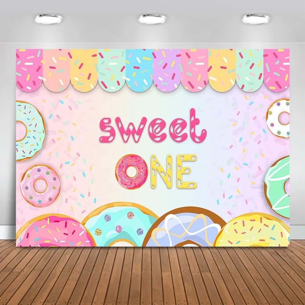 Mocsicka Sweet One Birthday Party Backdrop Donut 1st Birthday Party for Girls Background Girls Sweet First Birthday Party Decorations Banner Photography Backdrops (8x6ft)