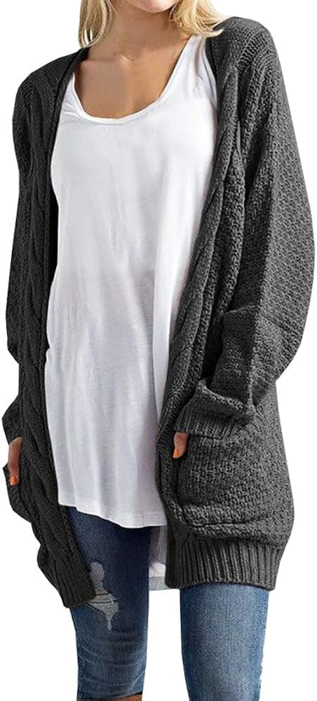 Imily Bela Women's Boho Long Sleeve Open Front Chunky Warm Cardigans Pointelle Pullover Sweater Blouses (Small, Dark Grey)