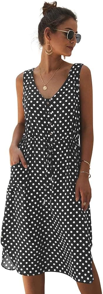 Eleter Women's Polka Dot V Neck Sleeveless Side Split Button Drawstring Belt Summer Beach Dress with Pockets