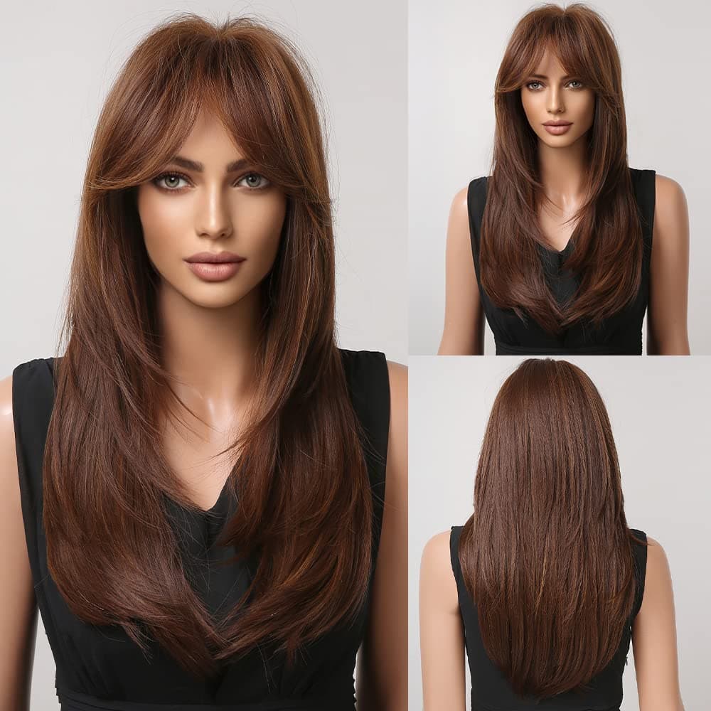 HAIRCUBE Long Reddish Brown Wigs for Women,Synthetic Layered Hair Wig with Bangs for Daily