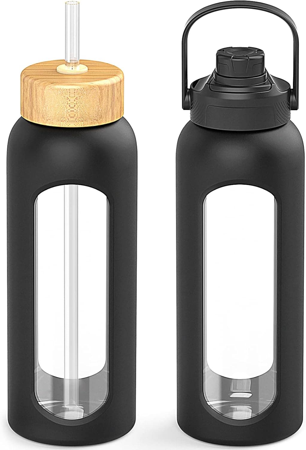 Kodrine Glass Water Bottles with Straw, 32 oz Water Bottle with 2 Lids - Handle Spout Lid & Bamboo Straw Lid, Motivational Water Bottle with Silicone Sleeve, Wide Mouth, Leakproof, BPA Free