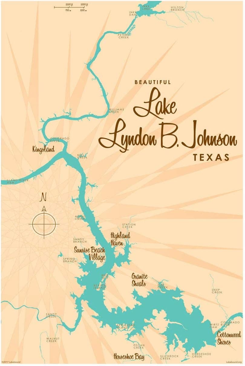 Lake LBJ Texas Map Giclee Art Print Poster from Illustration by Lakebound 12" x 18"