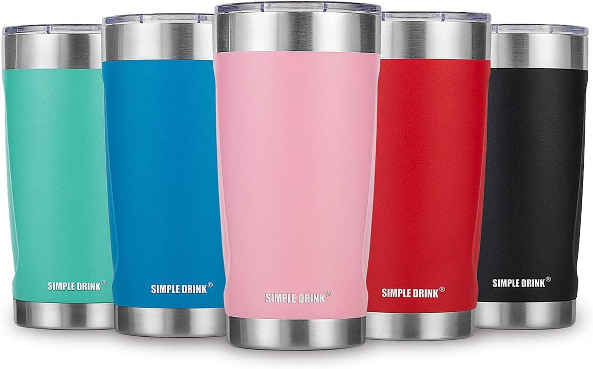 SIMPLE DRINK Insulated Tumbler 2.0 (Extra Lid + Gift Box) - 18/8 Stainless Steel Travel Mug Double Wall Coffee Cup for Home, Office, School - Works Great for Hot & Cold Beverage (20oz)