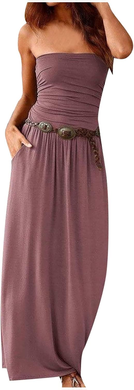 KSEMOTI Women’s Strapless Bandeau Summer Long Plain Dress Elegant Off Shoulder Beach Maxi Dress with Pockets