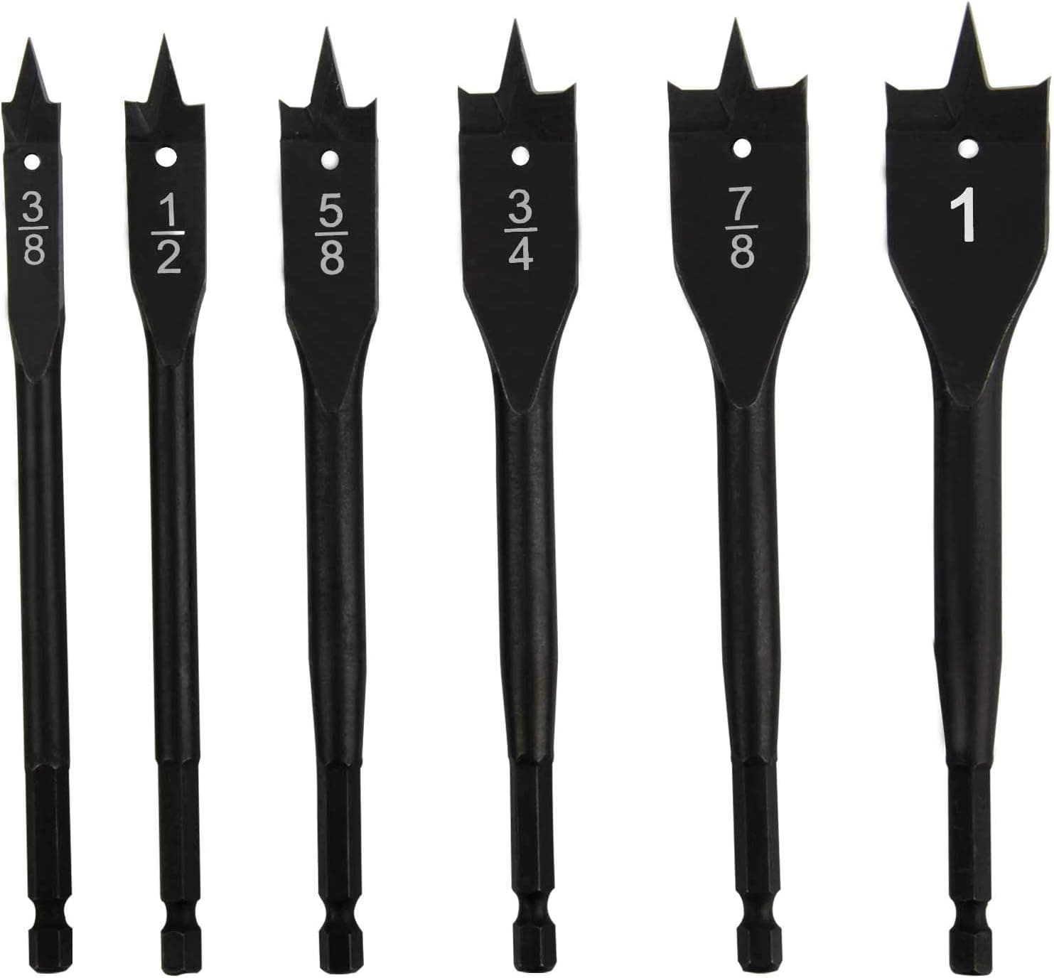EONLION 6 Bit Carbon Steel/Titanium Coating Spade Drill Bit Assortment, 3/8-Inch to 1-Inch Paddle Flat Bits for Woodworking, Storage Pouch Included