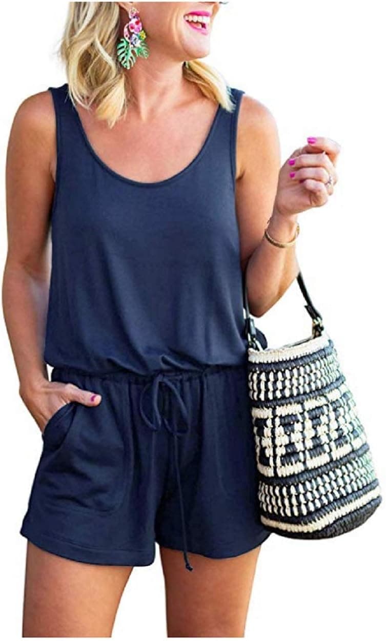 Dreamskull Women Summer Solid Short Jumpsuits Scoop V Neck Sleeeless Drawstring Waist Casual Tank Top Rompers with Pockets…