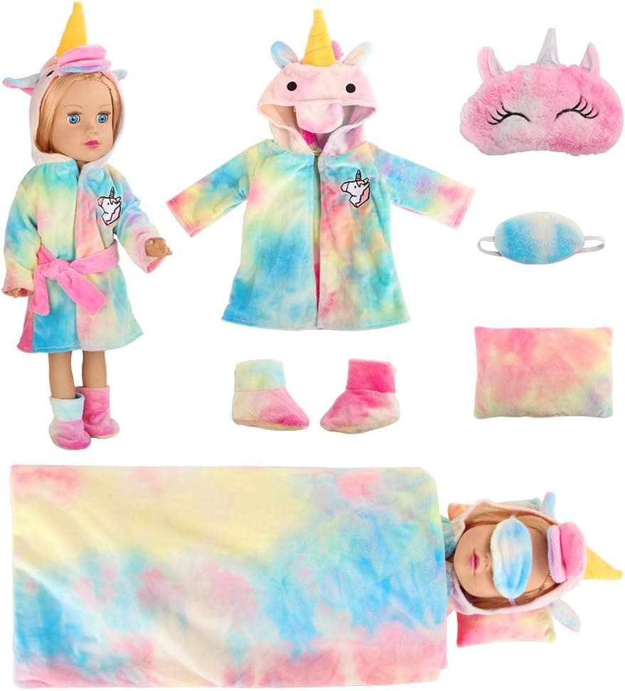 JOWRANT American 18 Inch Girl Doll Clothes and Accessories-Sleeping Bag Set,Including Unicorn Kid Mask-Doll Pillow-18 Inch American Doll Shoes.