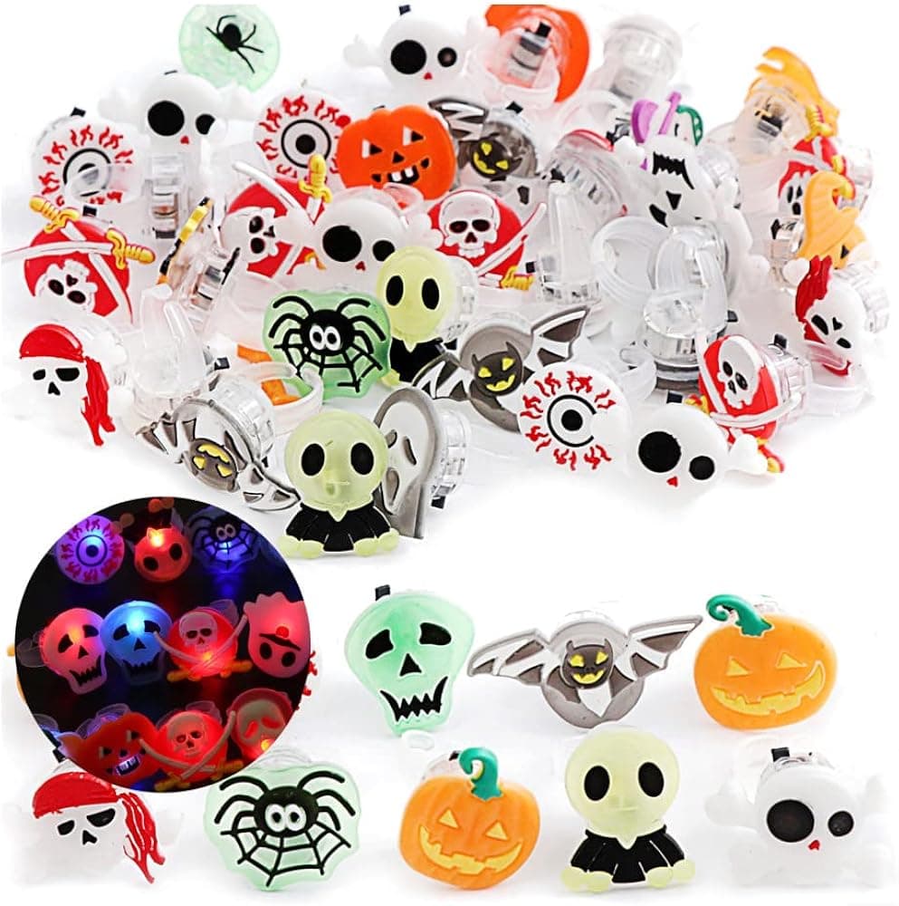 Votijila 50 Pcs Halloween Rings, Halloween Favors For Kids Bulk Light Up Rings Bulk, Halloween Treat Bags Bulk Halloween Toys Bulk Glow in the Dark Halloween Goodie Bag Fillers