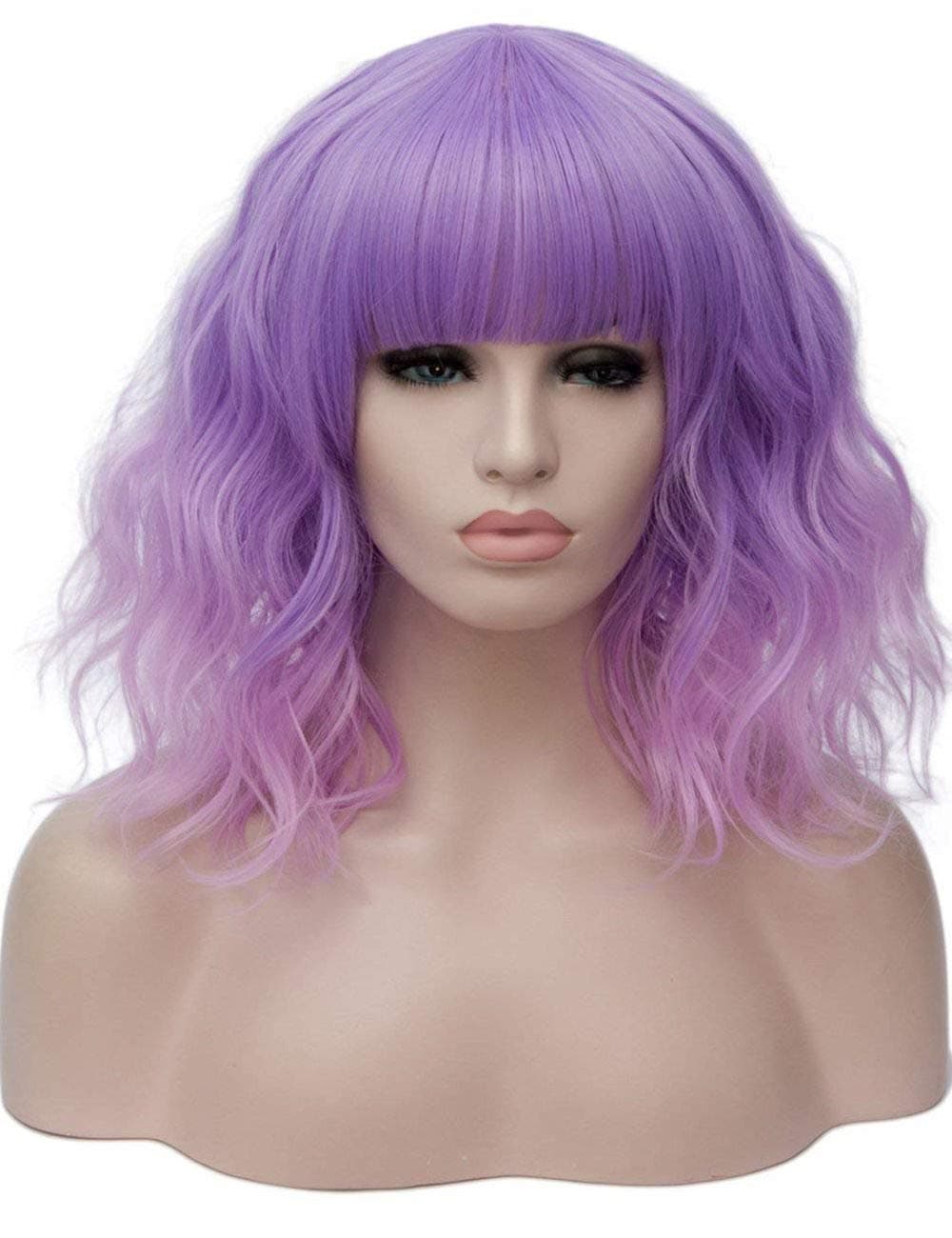 TopWigy Short Purple Wig 14 Inches Synthetic Wavy Bob Wig with Bangs Lavender Colored Wigs for Cosplay Costume Party